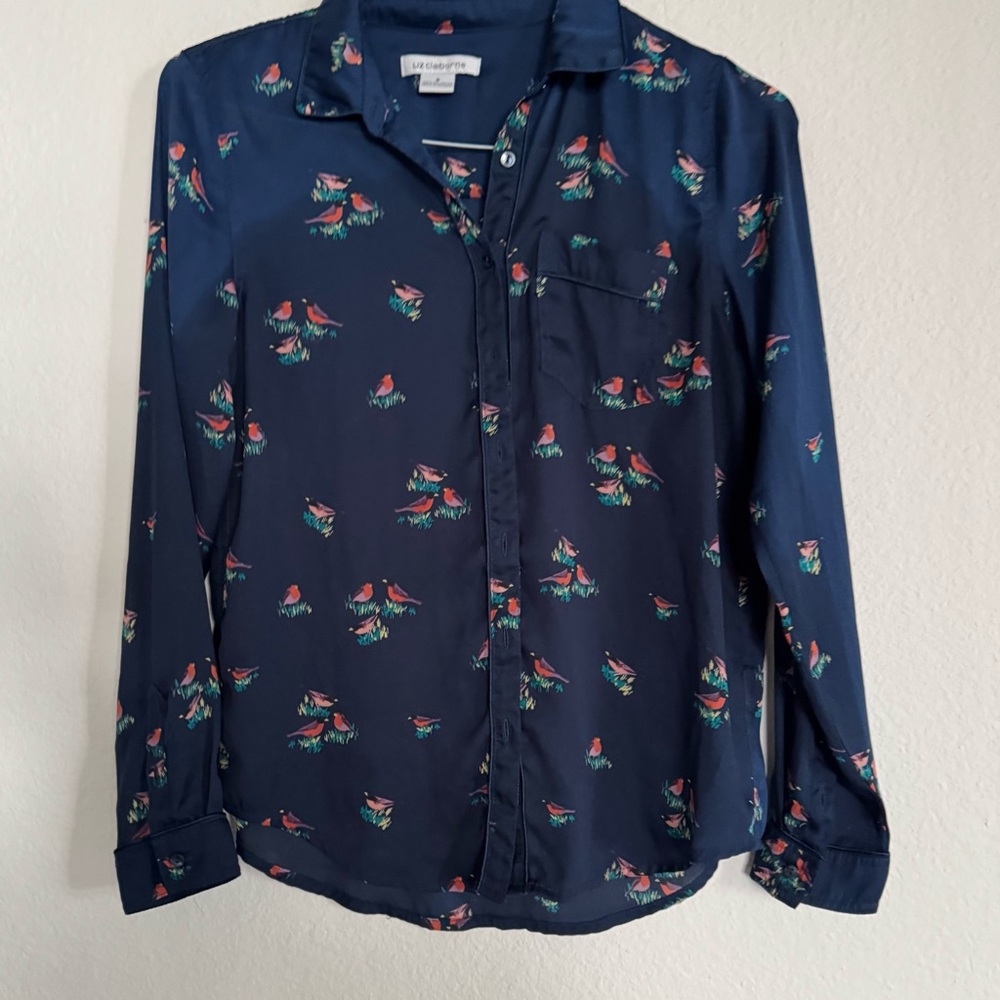 Liz Claiborne Whimsical Bird Print Dark Blue Floral Button Down Blouse Size S